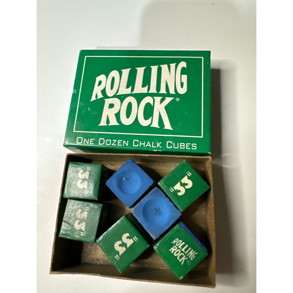 Rolling Rock One Dozen Chalk Cubes Billiards Pool Cues Green Blue